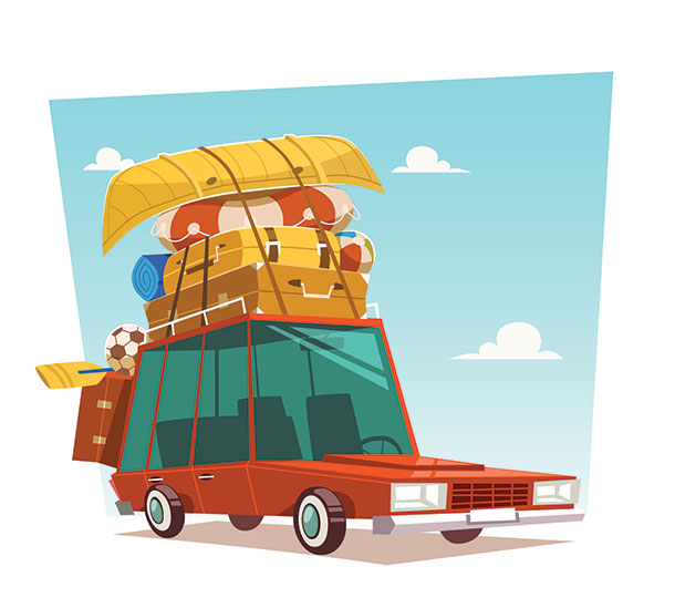 Illustration of luggage and canoe piled on top of station wagon