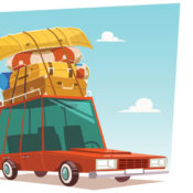 Illustration of luggage and canoe piled on top of station wagon