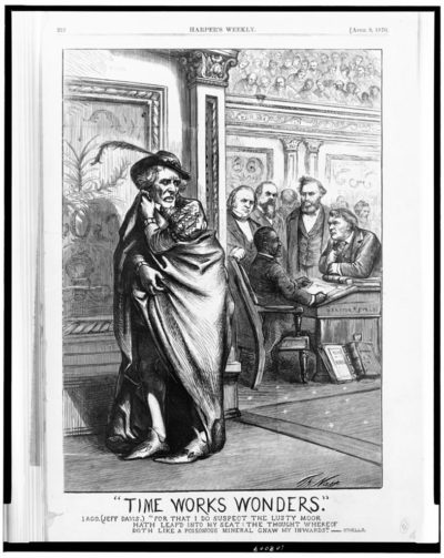 A Thomas Nast cartoon depicting Confederate president Jefferson Davis as Iago, the villian from Shakespeare's Othello