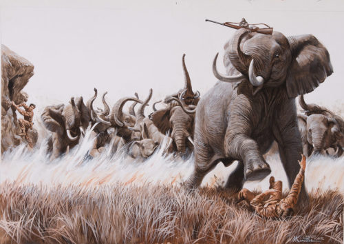 Illustration featjuring elephants running in a field