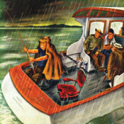 Constantin Alajalov's illustration of a fisherman on a boat in the rain.