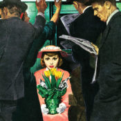 A woman in pink sitting on a subway with a potted flower in her lap, surrounded by commuters in black.