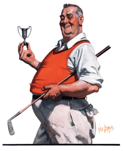 Fat man holding tiny golf trophy
