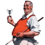Fat man holding tiny golf trophy