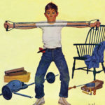 A young boy tries to exercise with arm-stretching springs that are clearly too large for him.