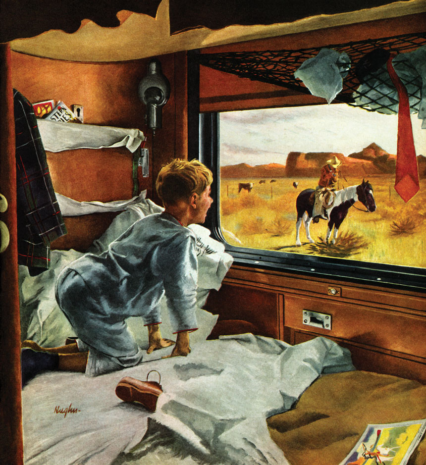 A boy in pajamas looks out the window of his sleeper trani car and sees a real-life cowboy on a horse in front of a western butte.