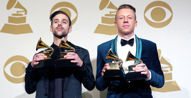 Winners Ryan Lewis and Macklemore during the THE 56TH ANNUAL GRAMMY AWARDS® Sunday, Jan. 26 (8:00-11:30 PM, live ET/delayed PT), at STAPLES Center in Los Angeles and will be broadcast on the CBS Television Network. Photo: Bret Hartman/CBS ©2014 CBS Broadcasting, Inc. All Rights Reserved