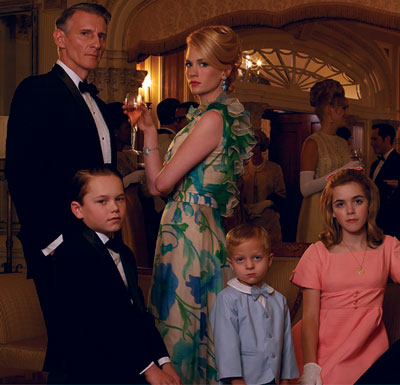 <strong>A broken home:</strong> Fans took it personally when Betty (January Jones) split with Don Draper. "People come up to me, and they straight up say they don't like me," she says. Jones is shown here with Christopher Stanley, who plays her second husband, and, from left, Mason Vale Cotton, Evan and Ryder Londo, Kiernan Shipka, who play her children. Photo credit: Frank Ockenfels/AMC