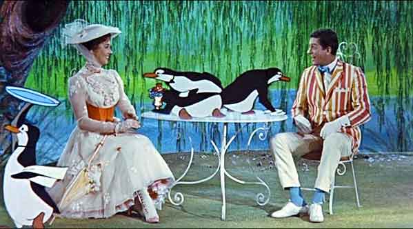 Film still of Julie Andrews and Mary Poppins and Dick Van Dyke as Burt in the 1964 Walt Disney film "Mary Poppins."