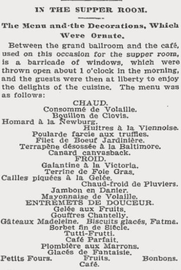 Newspaper clipping showing the menu at a rich people's party
