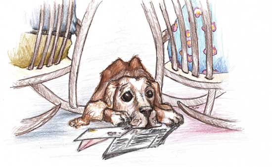 Sketch of a dog between two back-to-back rocking chairs. Illustration by Karen Donley-Hayes