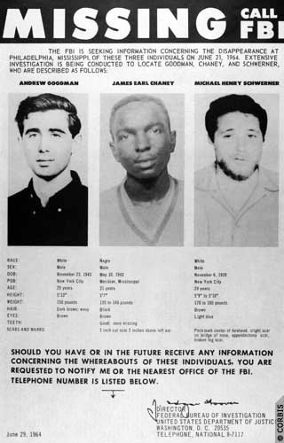 Missing poster for three civil rights workers–Andrew Goodman, James Earl Chaney, and Schwerne–who disappeared in Philadelphia, Mississippi in 1964.