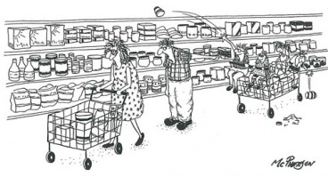 "Uhh…excuse me ma'am, but you've…uh…taken my cart by mistake.  I believe that's yours over there." From Sep/Oct 92