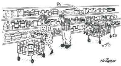 "Uhh…excuse me ma’am, but you’ve…uh…taken my cart by mistake. I believe that’s yours over there." From Sep/Oct 92