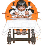 A young boy in a high chair digging into a roasted turkey.