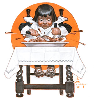 A young boy in a high chair digging into a roasted turkey.