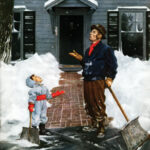 A father and son look to the sky after shoveling snow from the sidewalk to so fresh snow starting to fall.