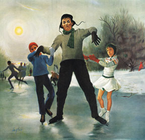 Dad wobbling on ice skates with son and daughter at each arm