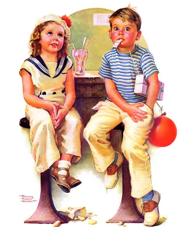 Young boy and girl on a date at a soda shop