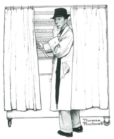 Sketch of Norman Rockwell at voting booth November 5, 1960