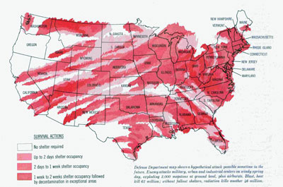 Defense Department map shows a hypothetical attack possible sometime in the future. Enemy attacks military, urban and industrial centers on windy spring day, exploding 3,000 megatons at ground level, plus airbursts. Blast, heat kill 62 million; without fallout shelters, radiation kills another 46 million. Map courtesy Defense Department.