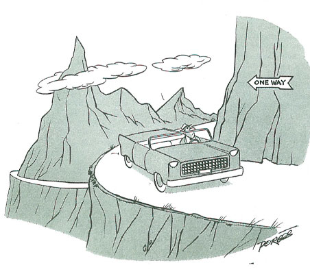 Cartoon of man driving the wrong way on a one-lane mountain rode