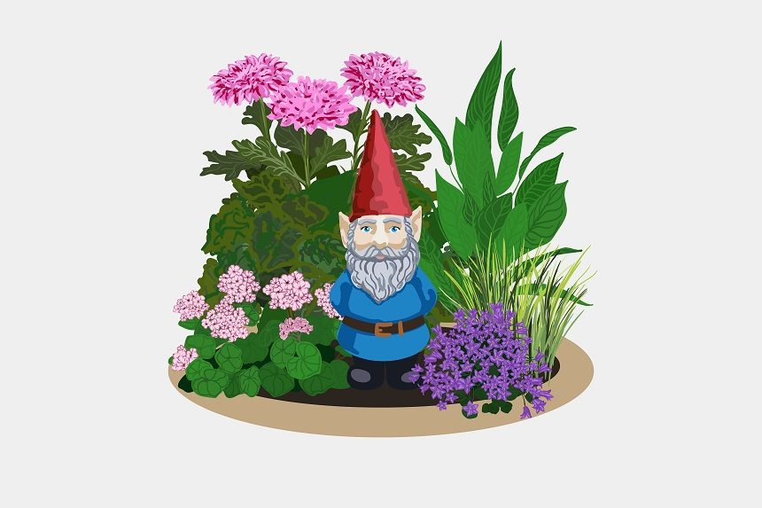 Tiny lawn gnome among flowers