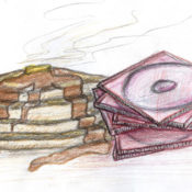 Illustration of a stack of pancakes and a stack of jewel cased CDs. Illustration by Karen Donley-Hayes