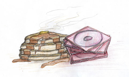 Illustration of a stack of pancakes and a stack of jewel cased CDs. Illustration by Karen Donley-Hayes