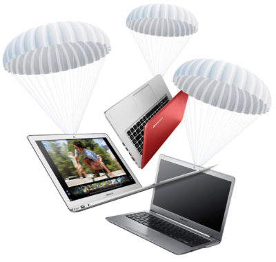 From left, Apple MacBook Air, Lenovo IdeaPad U310, and Samsung Series 5 14.0” Ultra.
