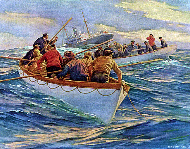 Illustration of two lifeboats full of shipwreck survivors. Someone calls out to the ship's captain in the other lifeboat, who is gesturing rudely.