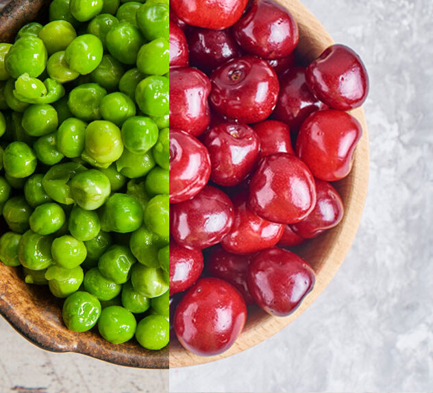 Half a bowl of peas, half a bowl of cherries