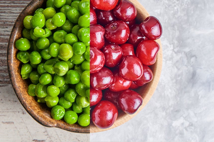 Half a bowl of peas, half a bowl of cherries