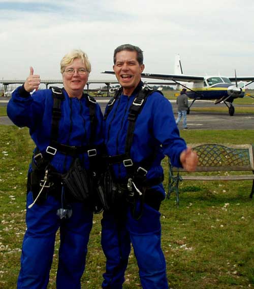 Linda Barbosa (left) and her husband Joe (right) just before they boarded the plane for their tandem jumps. <br /> Photo taken by Skydive Miami. 