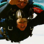 Linda (bottom) gives the camera a thumbs up as she and her instructor Pete (top) free fall from the plane. Photo taken by Skydive Miami.