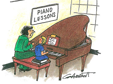 Piano teacher scolding her student as they sit at a grand piano,