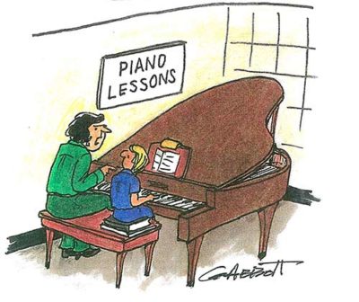 Piano teacher scolding her student as they sit at a grand piano,