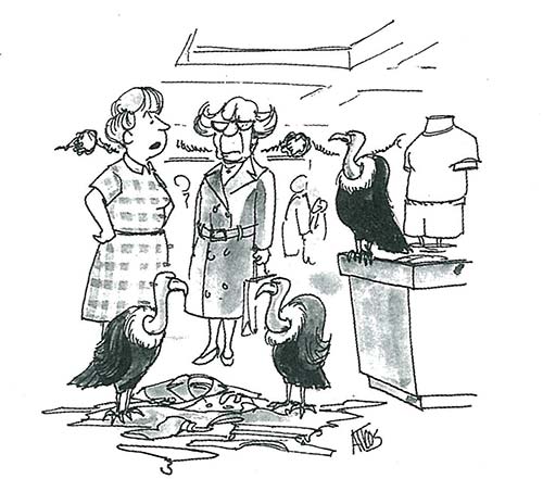 Picked-Over Two department store clerks look on as a wake of buzzards pick through clothes that have been knocked off a rack.