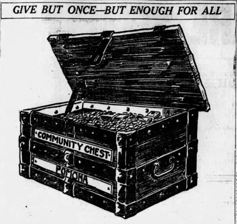 A political cartoon depicting a chest full of gold. The chest is labeled "community chest" and the caption reads: "Give But Once - But Enough for All"
