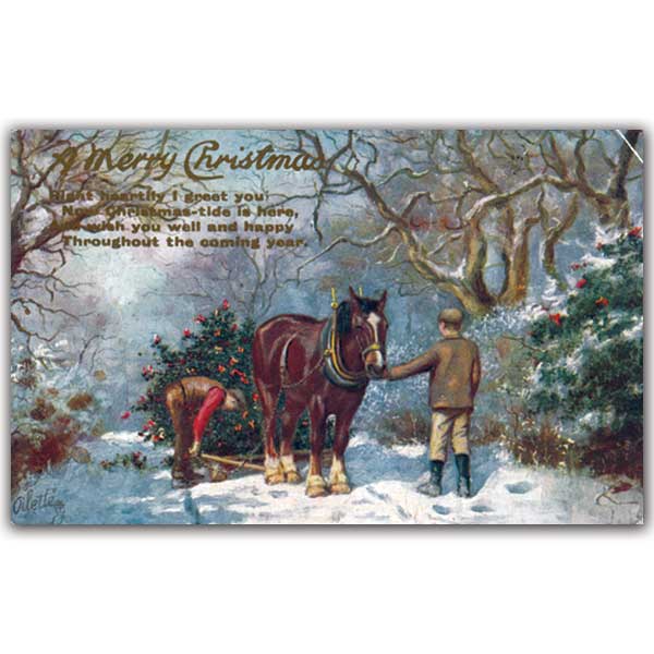 Christmas postcard of horse drawing cart of wreathes