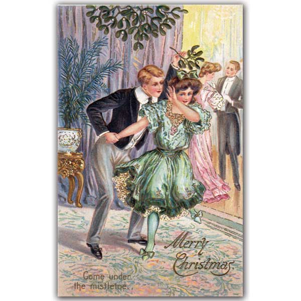 Christmas postcard of boy chasing girl with mistletoe