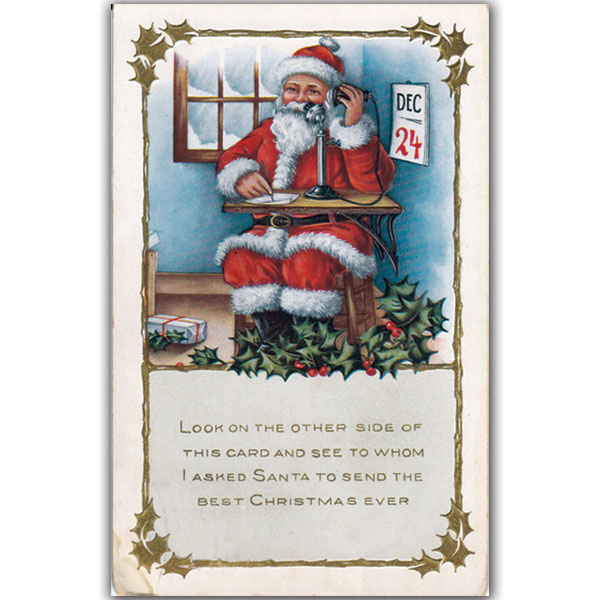 Christmas postcard of Santa making a phone call