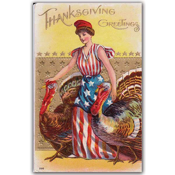 Thanksgiving postcard of woman with large turkey