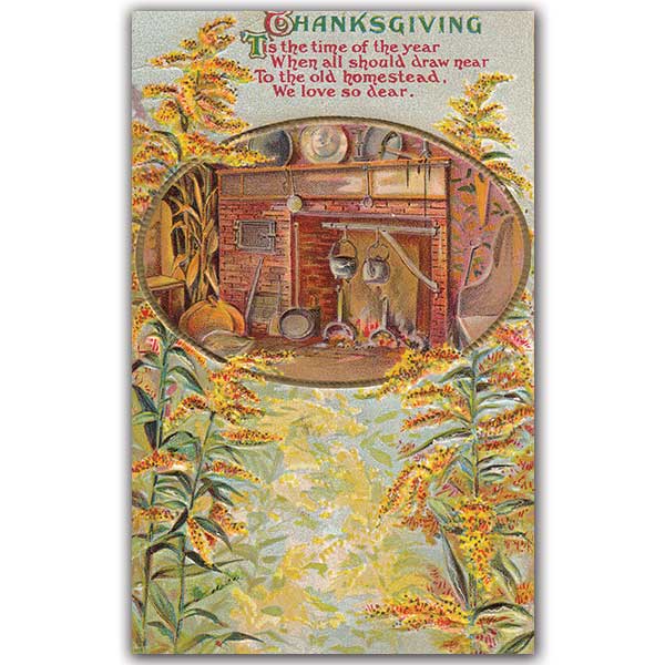 Thanksgiving postcard of barn and wheat