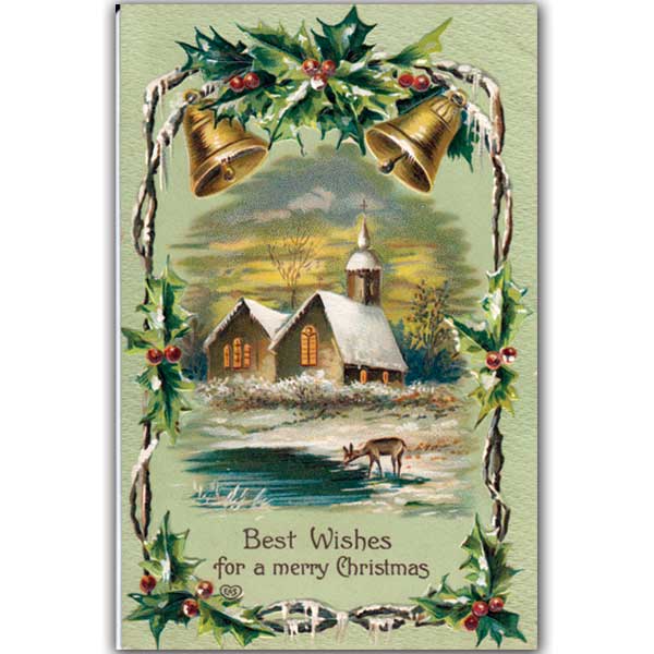 Christmas postcard of church and bells