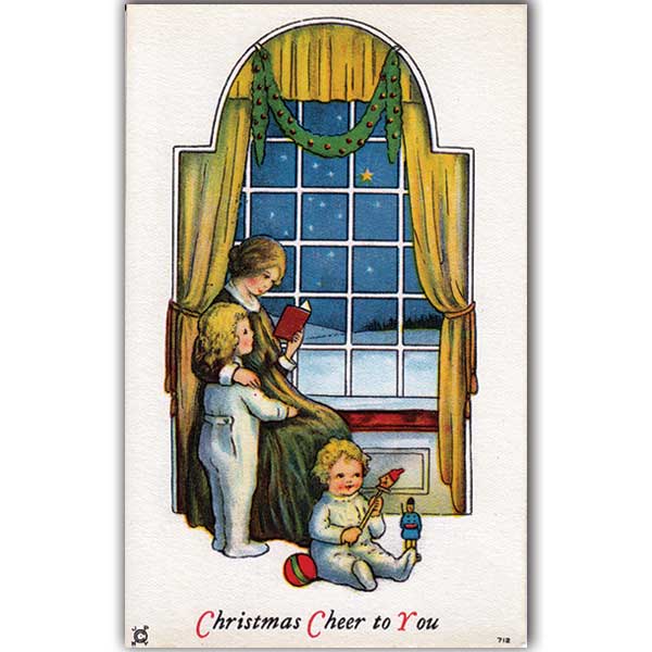 Christmas postcard of mother at window with two children