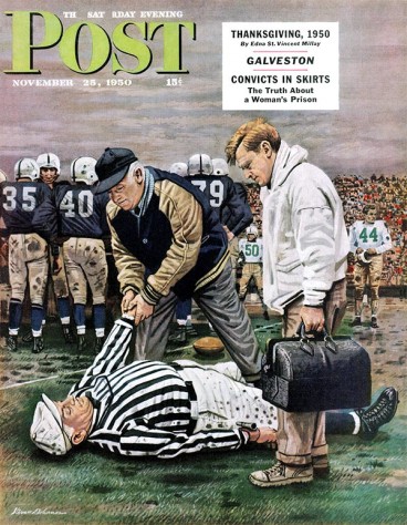 Ref Out Cold by Stevan Dohanos from Novemeber 25, 1950 Ref Out Cold by Steven Dohanos from Novemeber 25, 1950