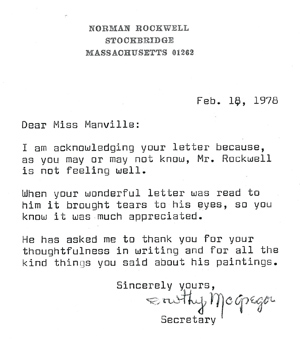 Return note from Norman Rockwell's secretary to Margery Manville