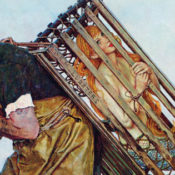 Norman Rockwell illustration of a man carrying a mermaid in a lobster trap