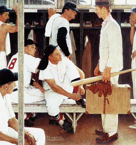 Phenom! High school kid Sherman "Scotty" Safford poses as an up-and-coming pitcher for the Red Sox. The model never met the other players, most of whom posed for the painting in separate sessions.